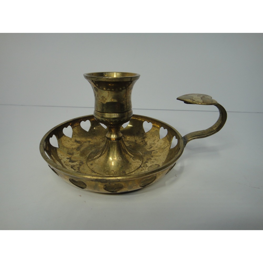 Vintage Brass Chamberstick Candle Holder Pierced Heart Gallery Handle India 3in